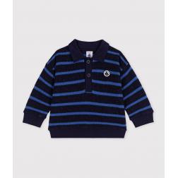 Sweatshirt en coton &agrave; rayures et son col polo 
